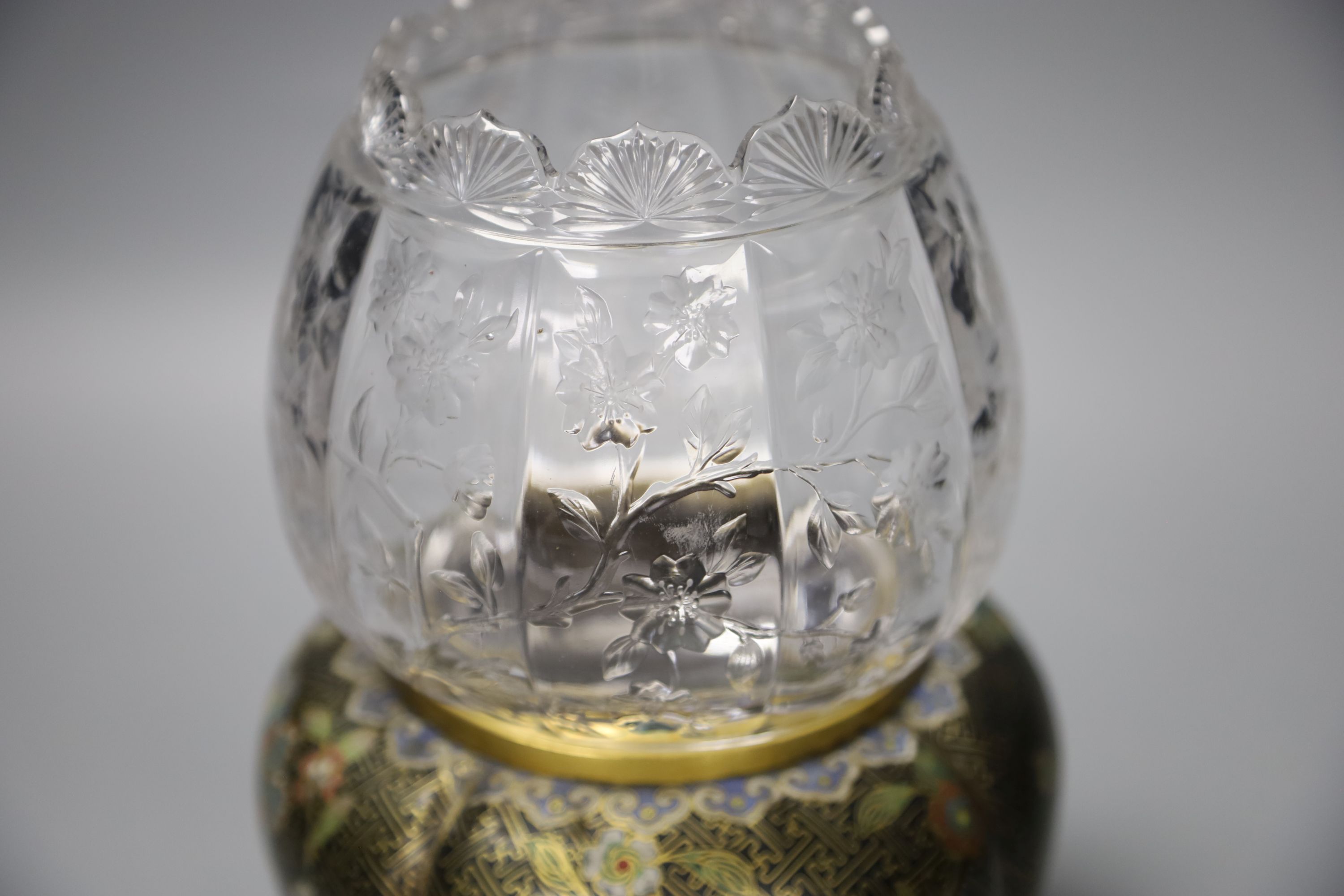 A late 19th century rock crystal glass and cloisonne enamel vase, possibly Elkington & Co and Thomas Webb?, height 21.5cm